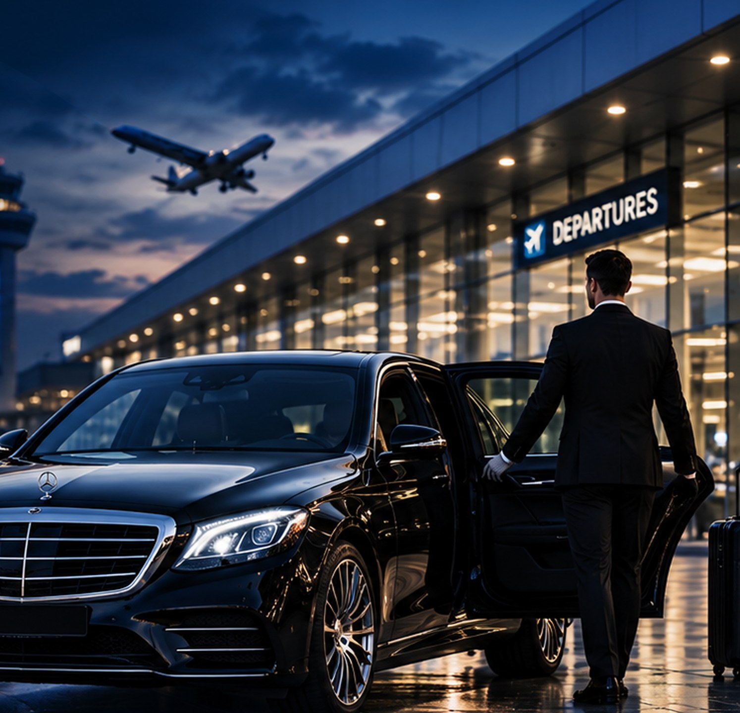 Chauffeur standing beside a black executive sedan at an airport terminal