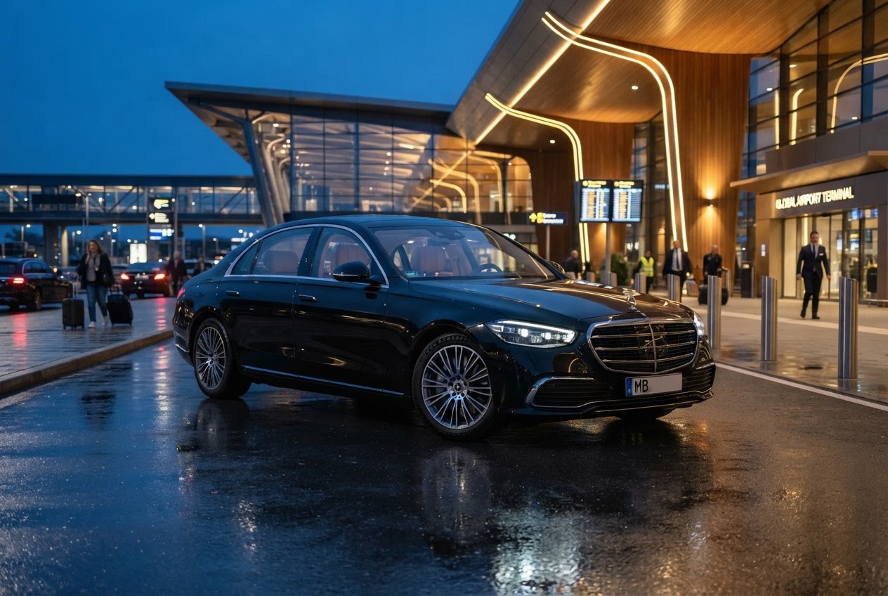 Chauffeur welcoming a passenger beside a black executive car
