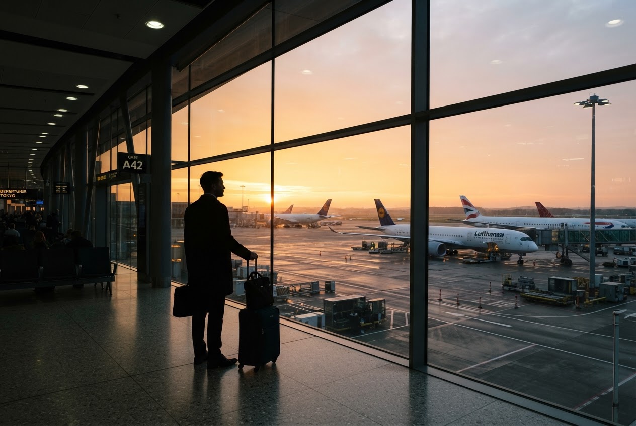 Passenger silhouetted at an airport window at sunset