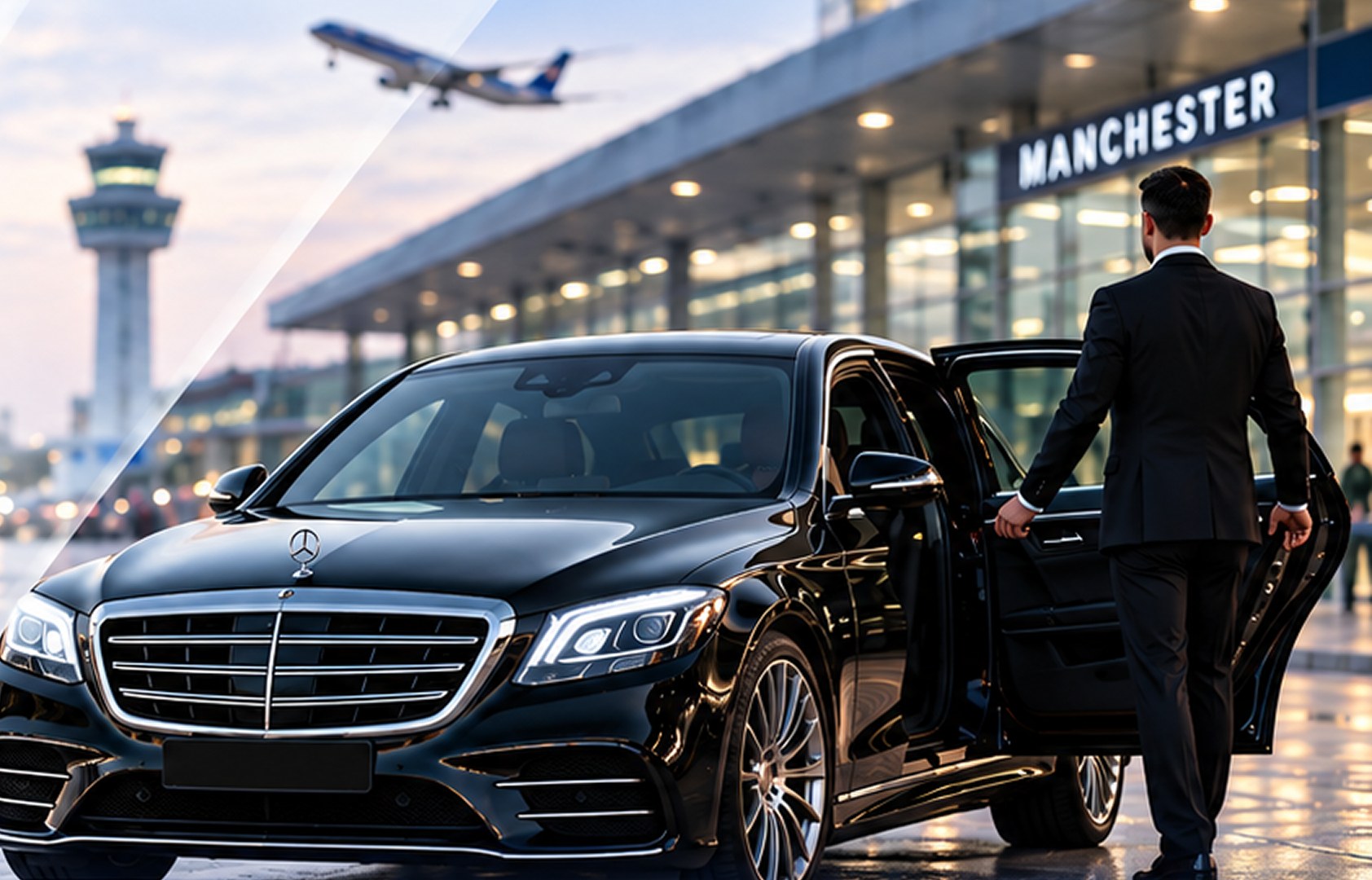 Chauffeur standing beside an executive Mercedes sedan at Manchester Airport