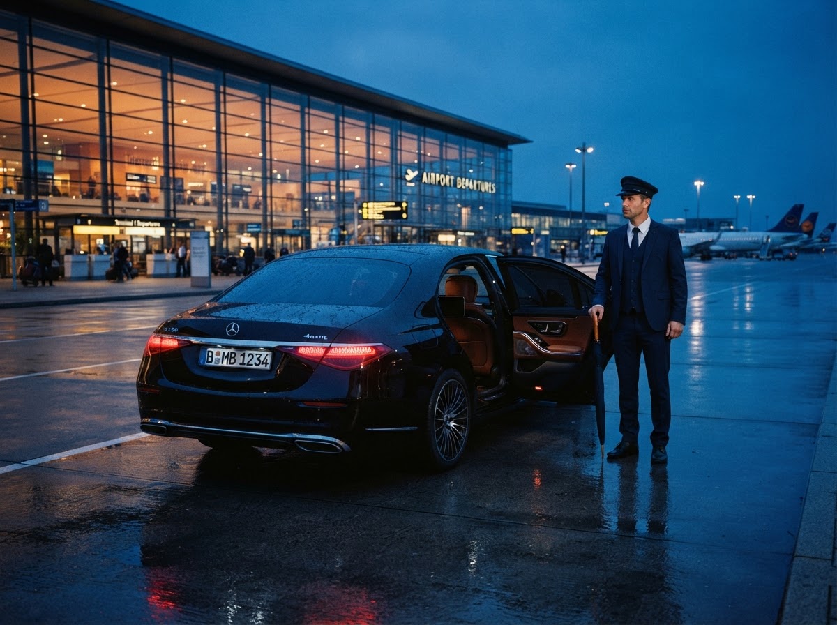 Chauffeur welcoming a passenger beside a black executive car