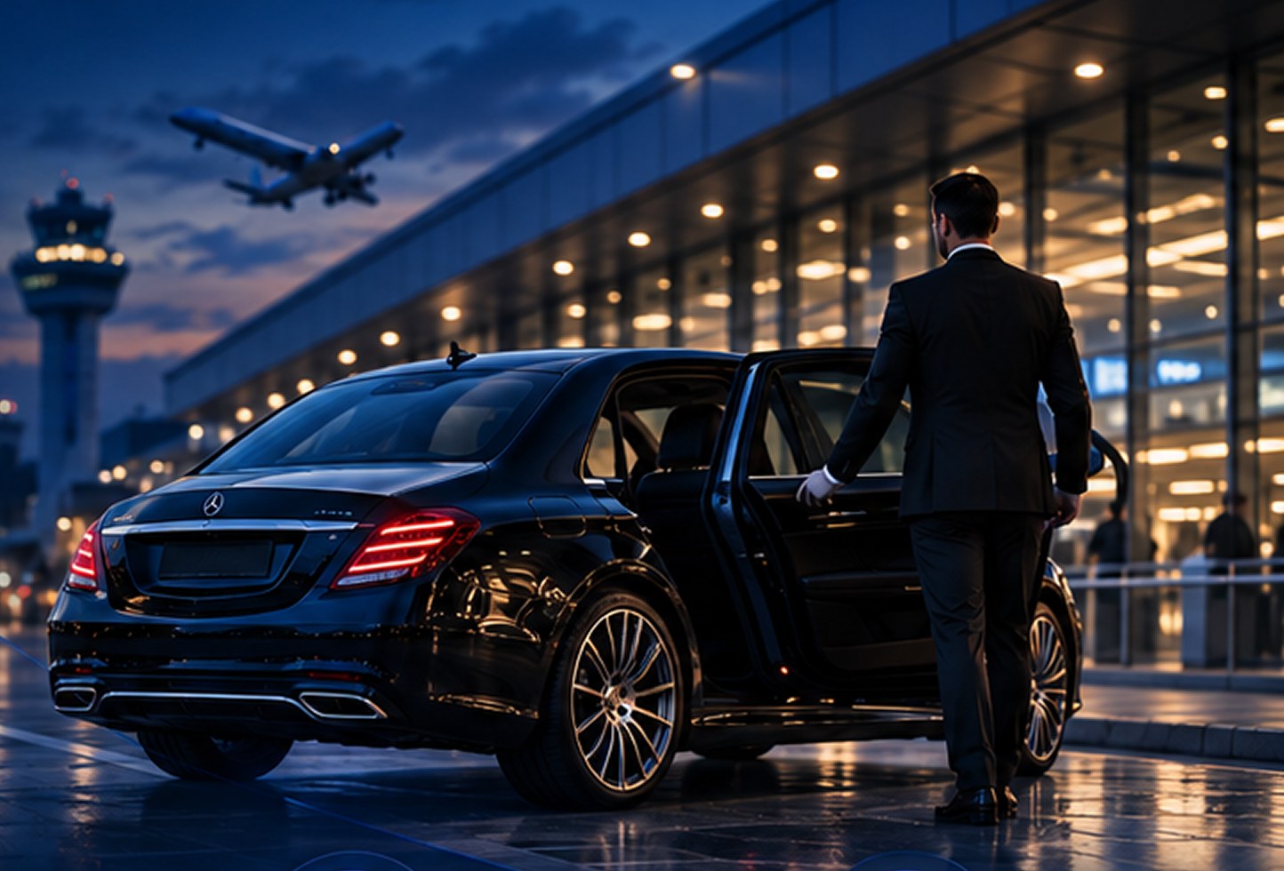 Chauffeur standing beside a black executive car outside an airport at dusk