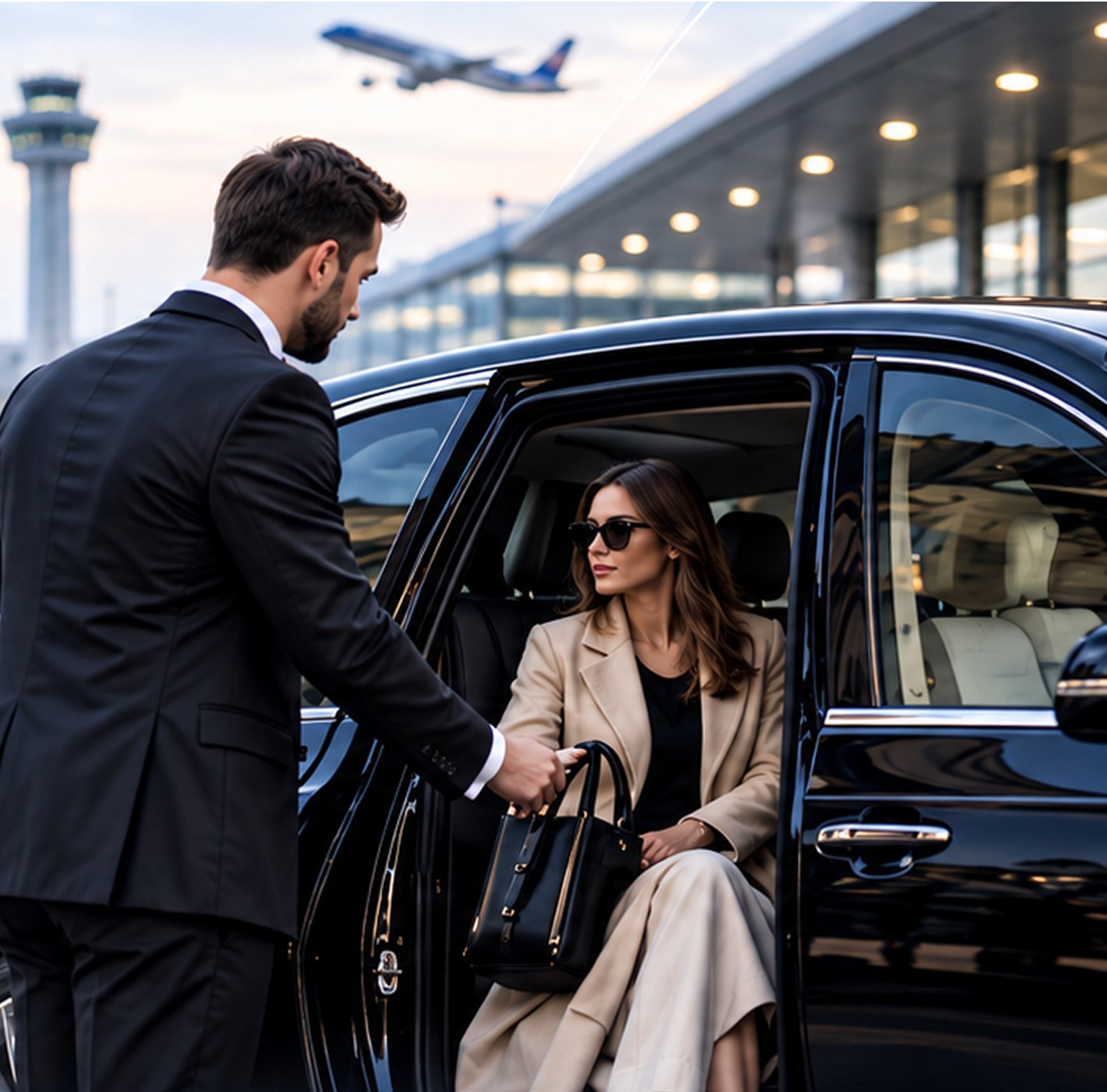 Chauffeur welcoming a passenger beside a black executive car
